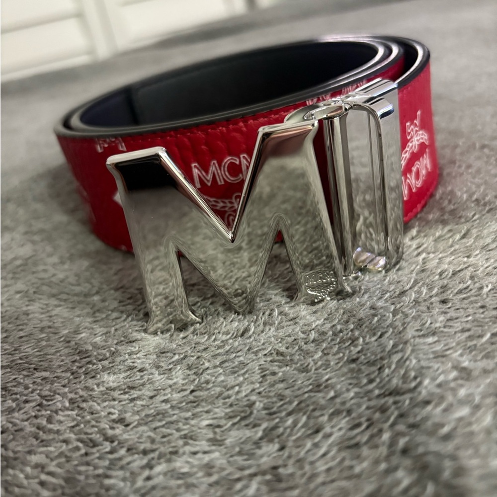 MCM Red Belt with Shiny Silver Buckle